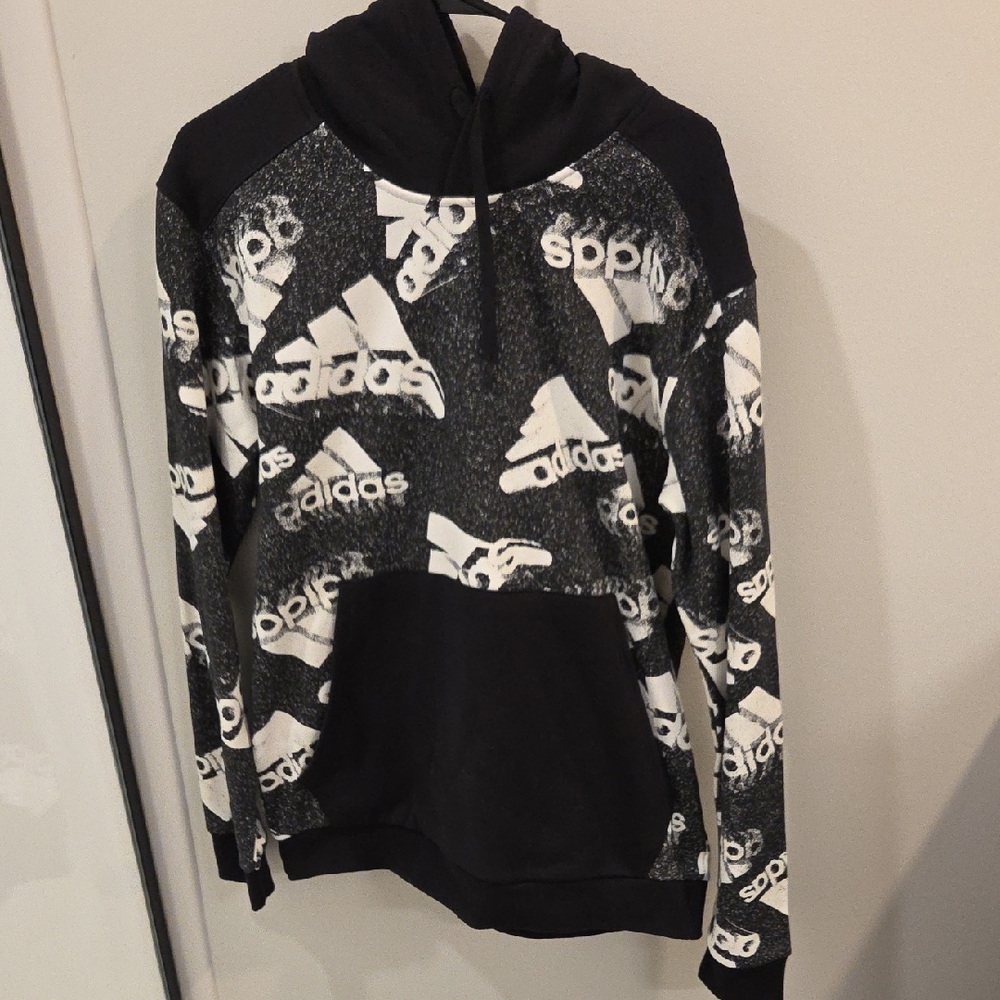 Adidas Mens Large All Over Print Logo Hoodie Sweatshirt Black And White